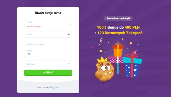 Krok 1 rejestracji CookieCasino
